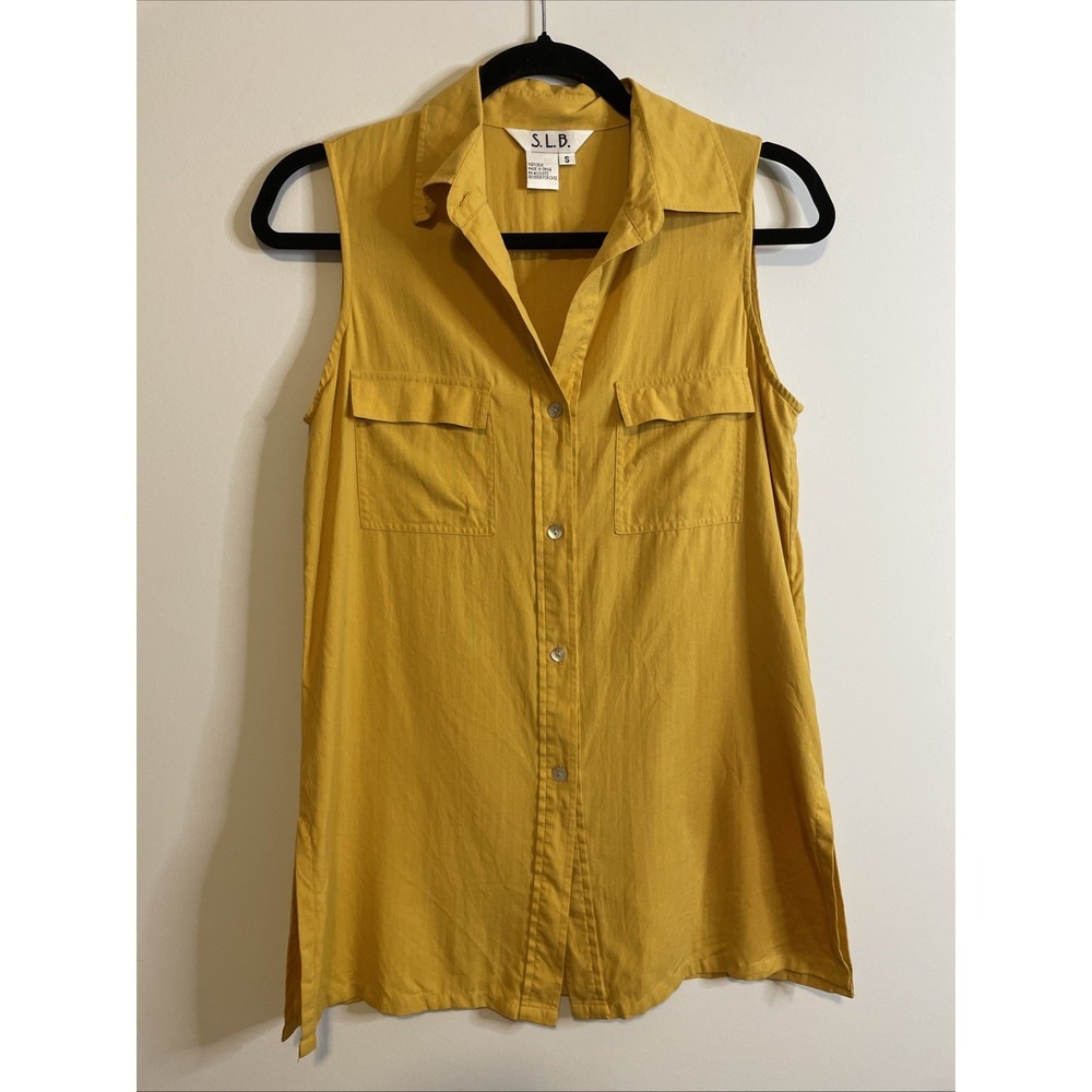 S L B Small Mustard Yellow Sleeveless Button Front Tunic Blouse 100% Silk